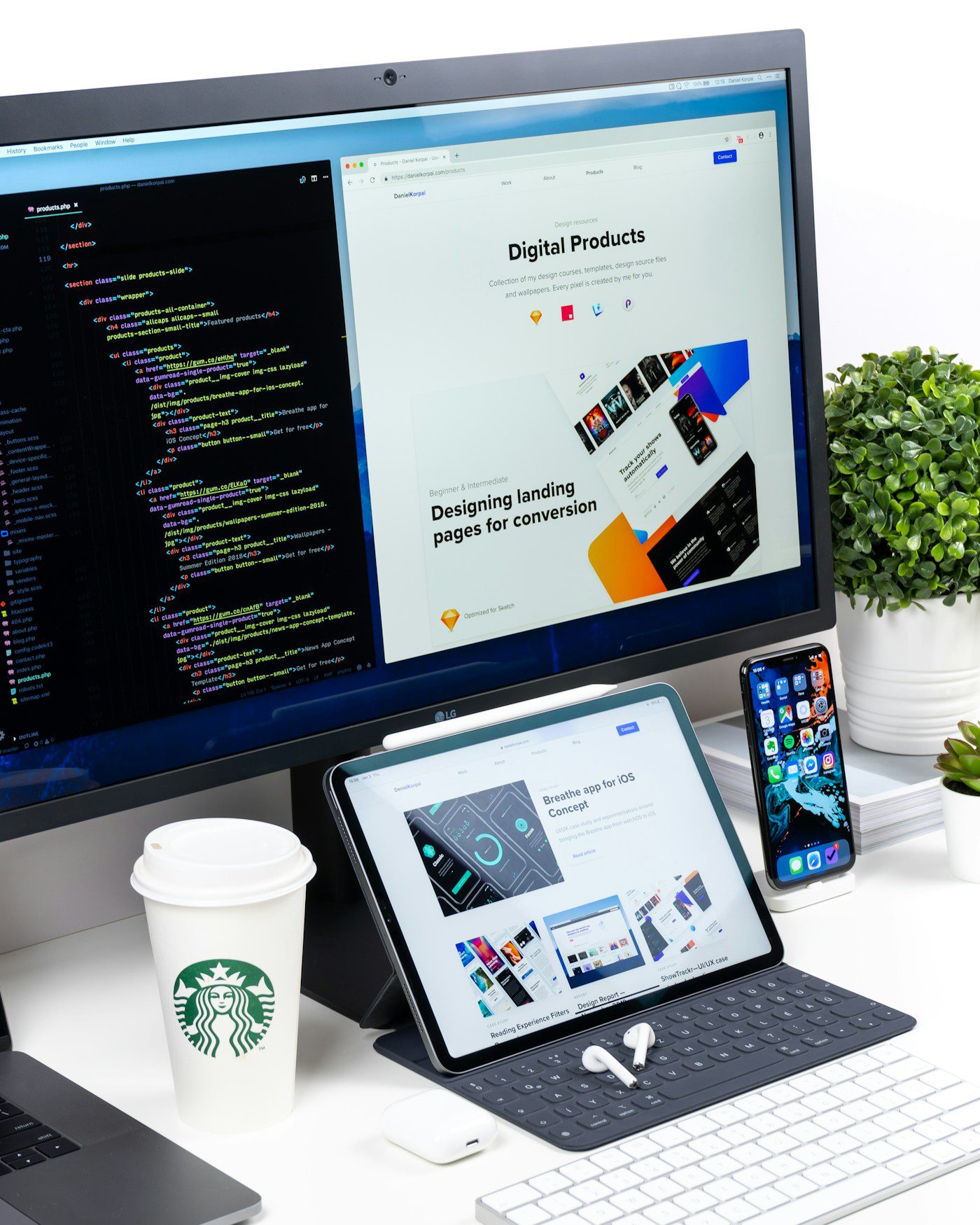 Laptop On An Outdoor Workstation Web design workspace with warm lighting
