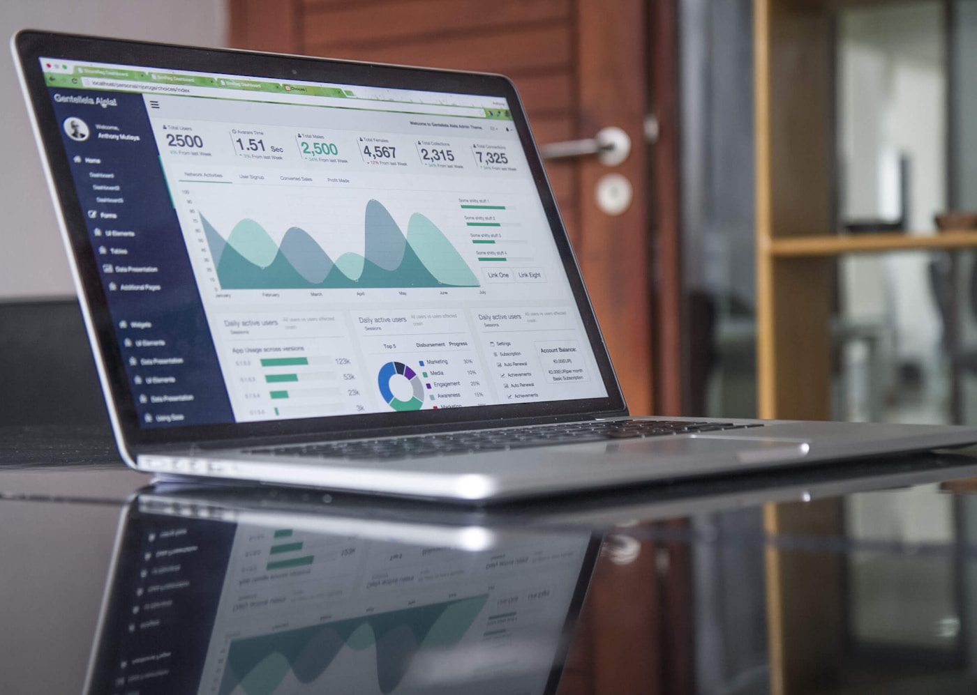 Web Design Workstation Laptop showing website analytics in dark workspace